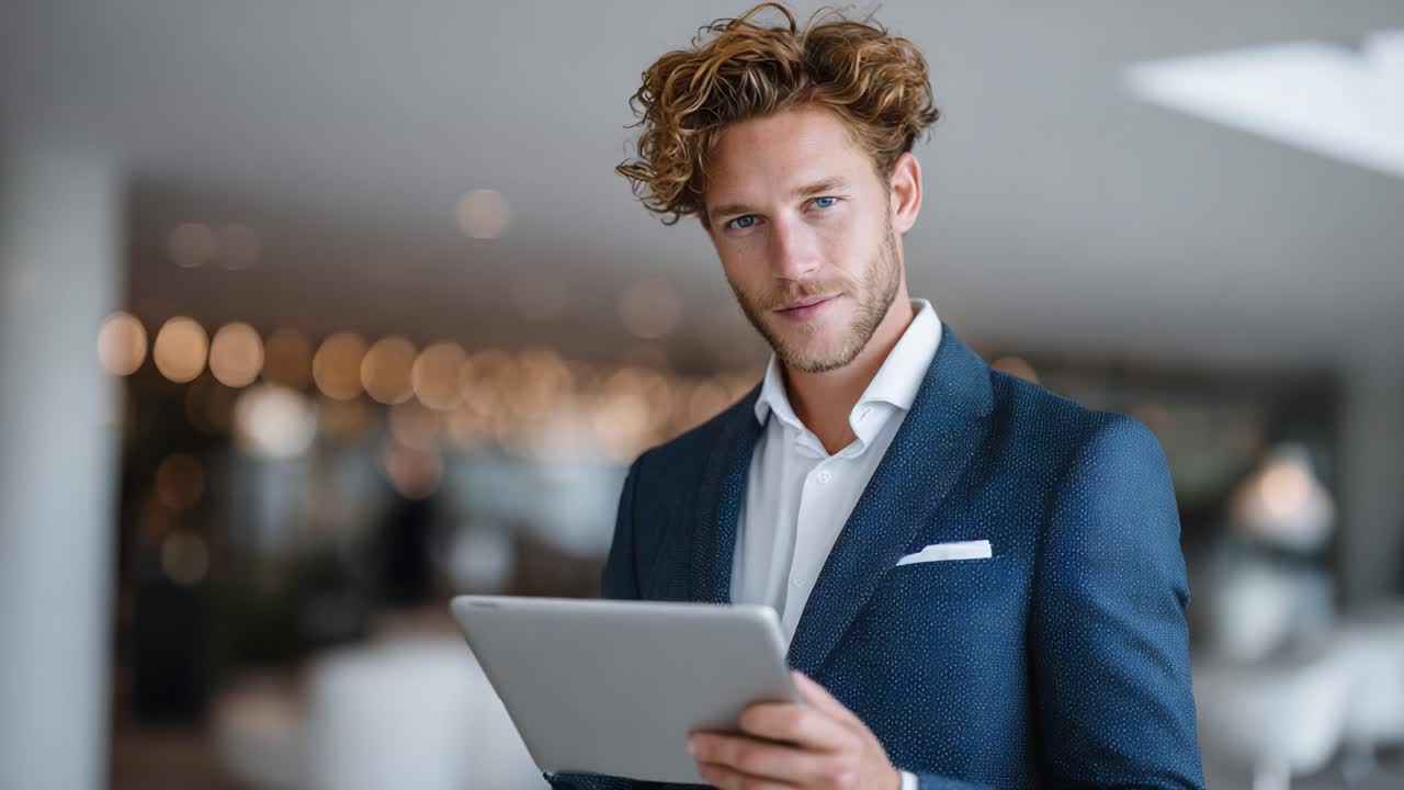 A Confident Professional Man Engaged with a Tablet, Showcasing Modern Business Attire and a Contemporary Office Background Filled with Blurry Bokeh Effects
