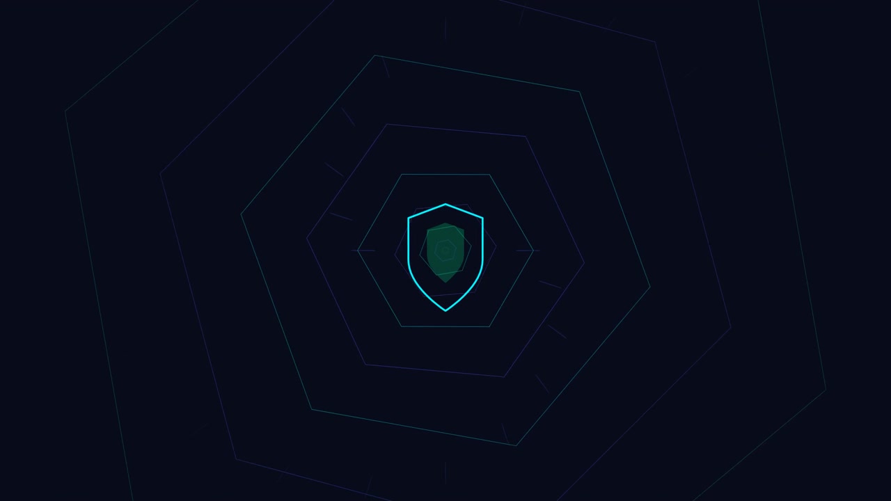 Abstract Digital Shield Icon with Pulsing Hexagonal Tunnel Background
