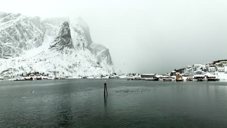 Aerial-view-over-ocean-of-fishing-village-Reine-in-Lofoten,-misty-snow-covered-mountains-with-lots-of-seagulls-flying-around