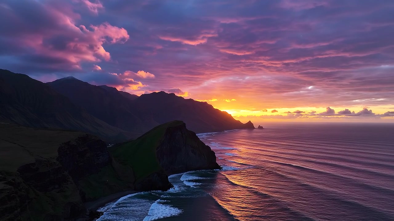 Pôr do sol costeiro deslumbrante sobre montanhas majestosas e ondas do oceano