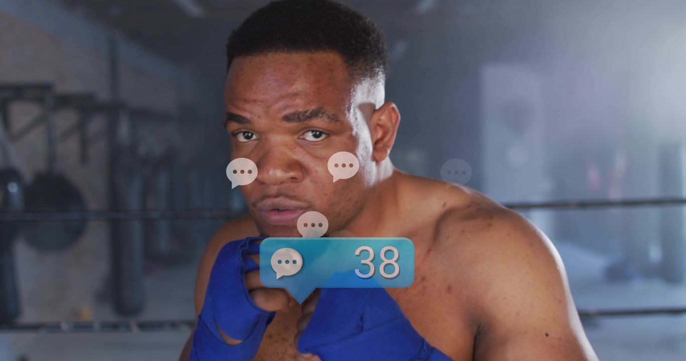 When bubble appearing, boxer raising guard, punching camera while tracking sports comment count