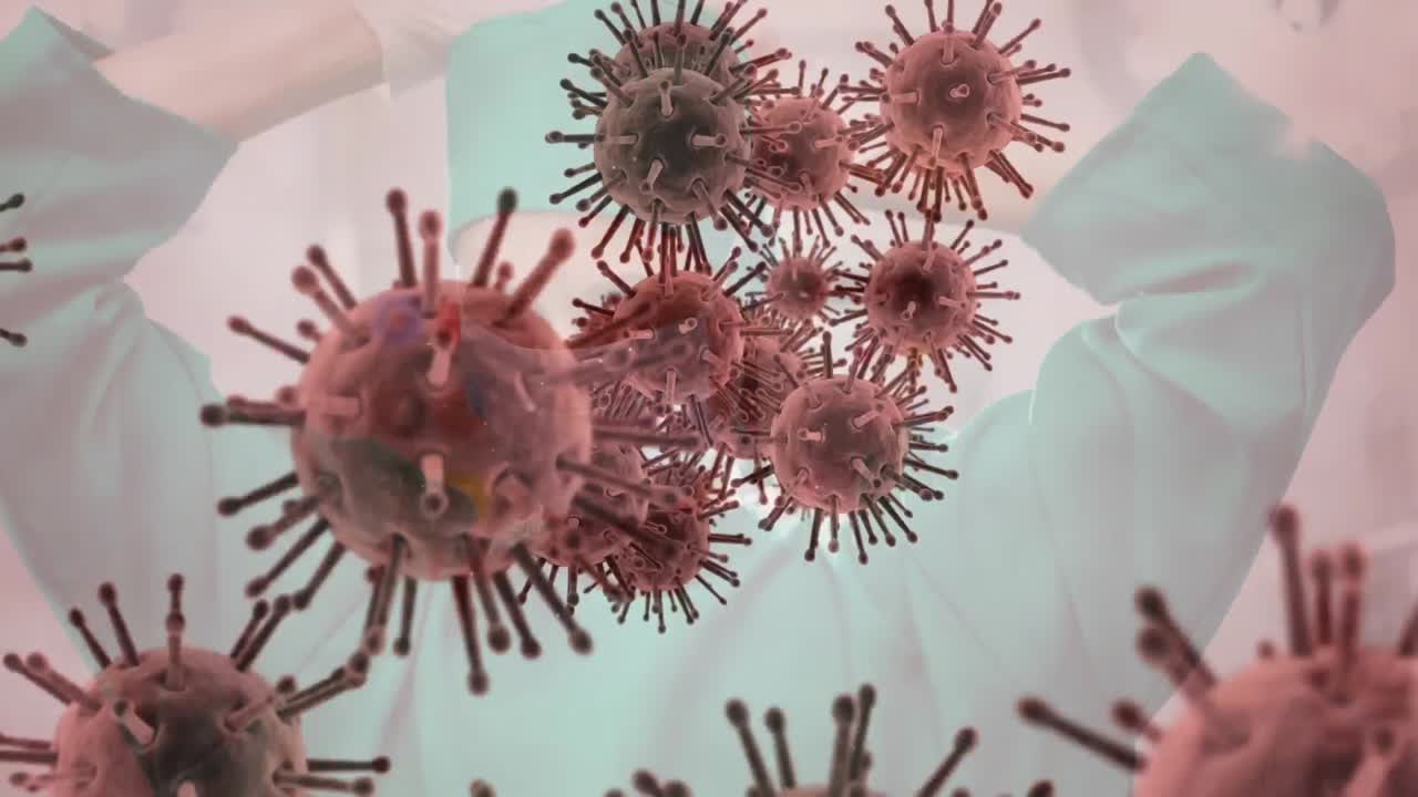 코로나19 세포가 얼굴 마스크를 쓴 외과 의사 위에 떠다니는 애니메이션