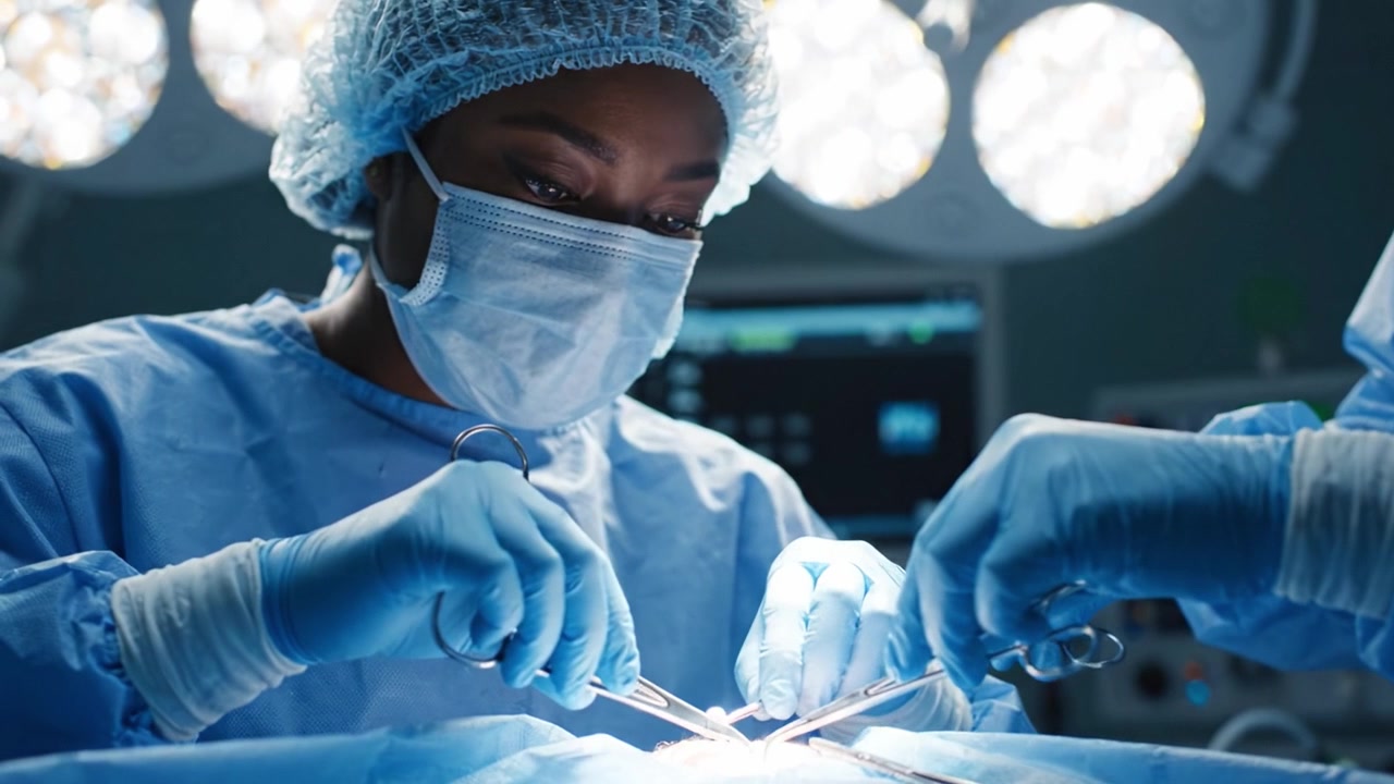 Dedicated Surgical Team Member Performing Precision Operation with High Focus and Skilled Techniques Under Bright Operating Room Lights