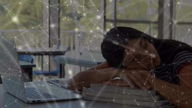 Animation of network of connections over latin female student sleeping at school