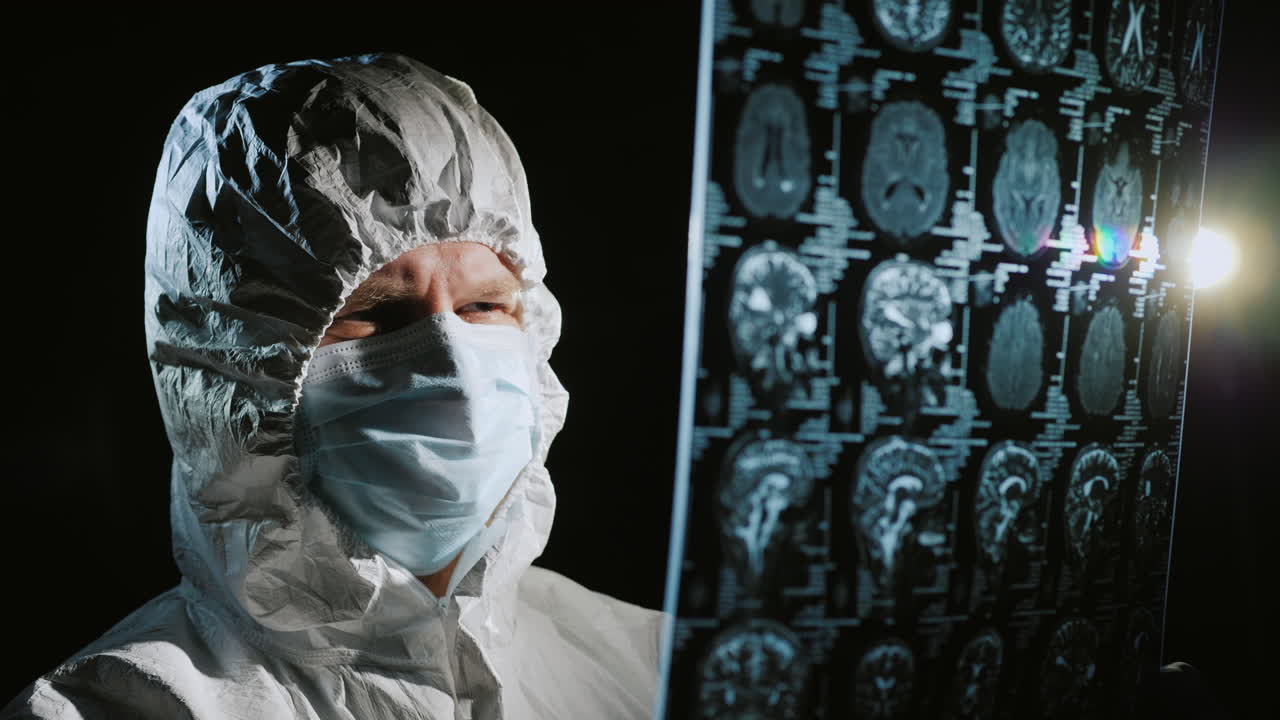 médico con ropa protectora observa los resultados del examen del paciente 1