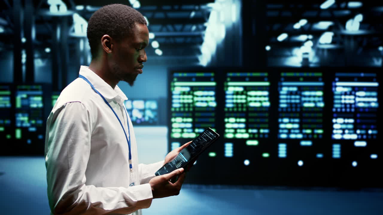 científico informático comprobando las filas del servidor