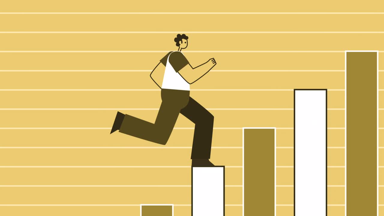 Yellow Style Man Flat Character Run Up the Stairs from Business Graph. Isolated Loop Animation with Alpha Channel