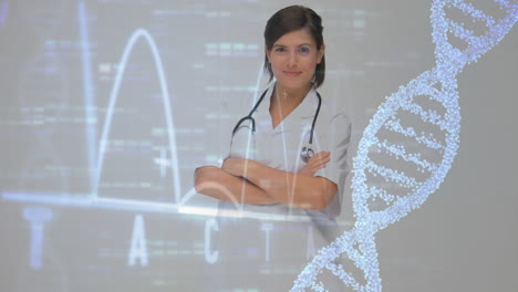 una molécula de adn y gráficos de datos en una pantalla negra con una doctora sonriendo en primer plano