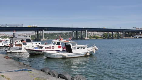 boats moored at a waterfront under a bridge