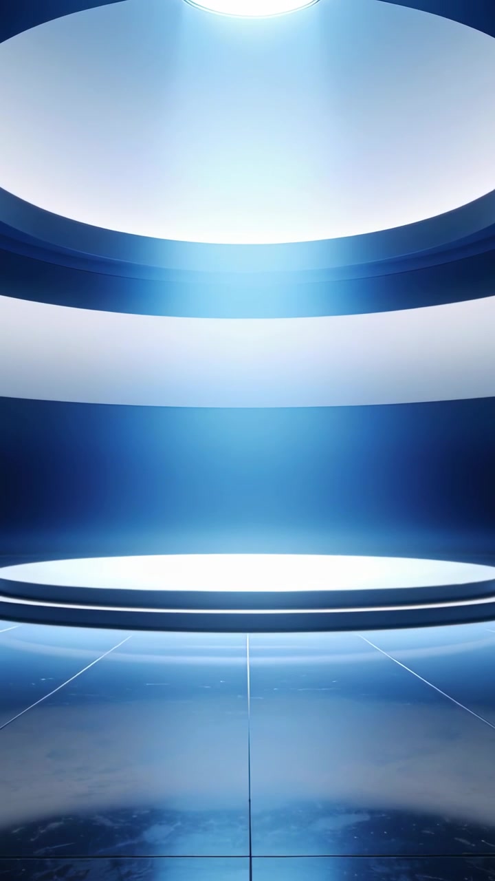 Vertical video: Emerging beam from ring lighting raised stage for show, creating floor reflection