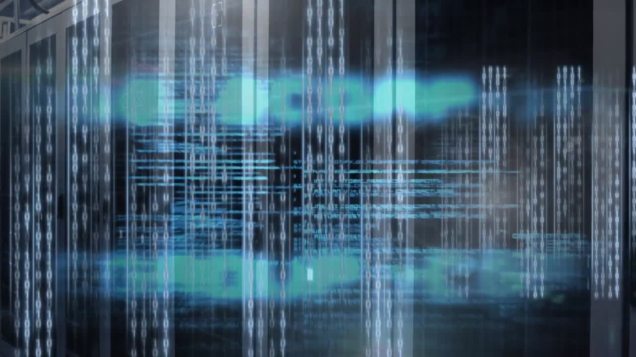 Animation of data processing over empty computer server room