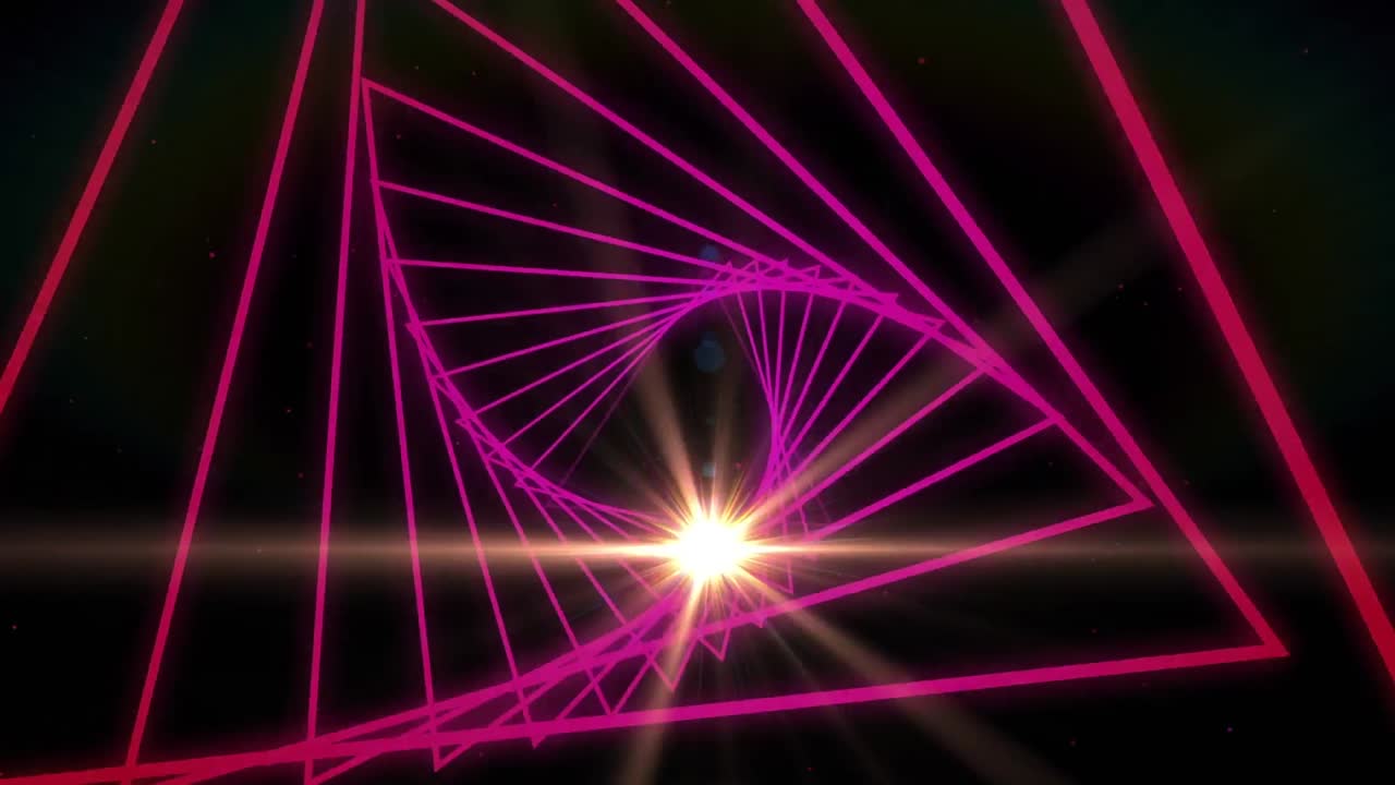 forme triangolari che ruotano in movimento continuo contro un punto di luce su sfondo nero