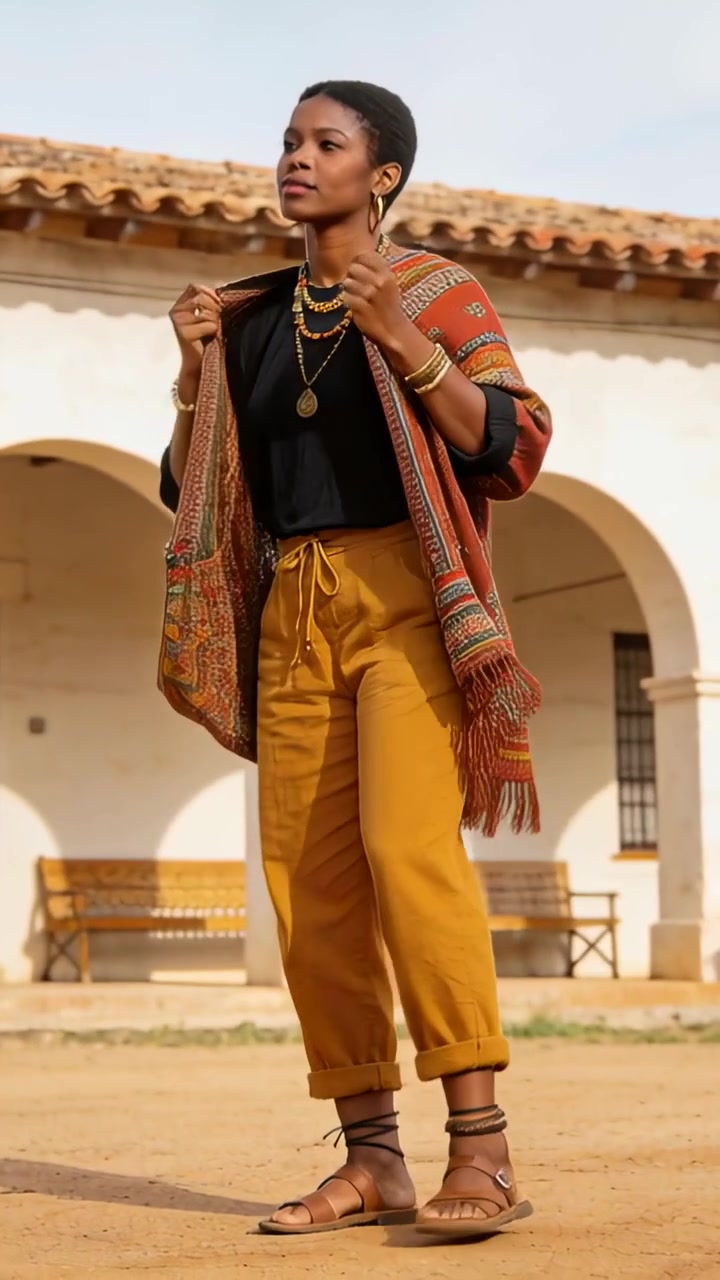 Vertical video: Walking woman coming from lower left fixing shawl and necklace, posing in plaza