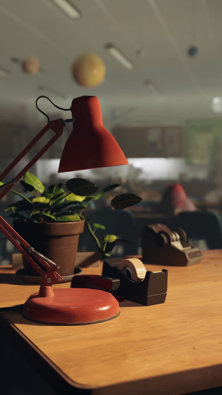 A red desk lamp sits on a wooden desk, with a potted plant, tape dispenser, and tape.