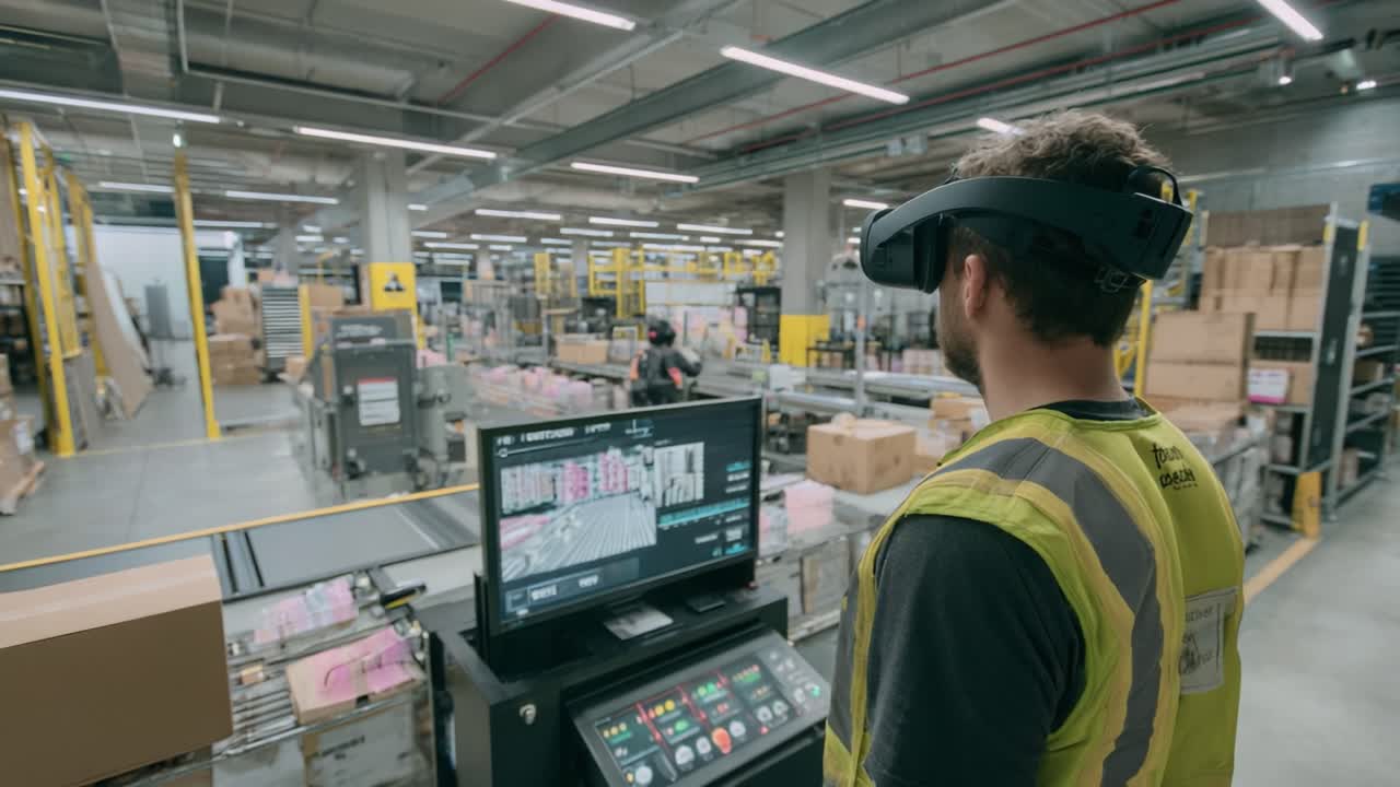 A Worker Utilizing Augmented Reality Technology to Enhance Efficiency in a Warehousing Environment by Monitoring Operations through a Digital Display in an Automated Warehouse System