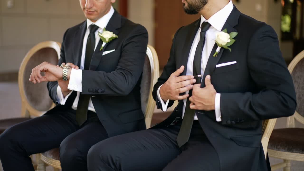 Video verticale: Uomini in abiti neri che si preparano, regolano l'orologio, sistemano la giacca per la cerimonia con spille