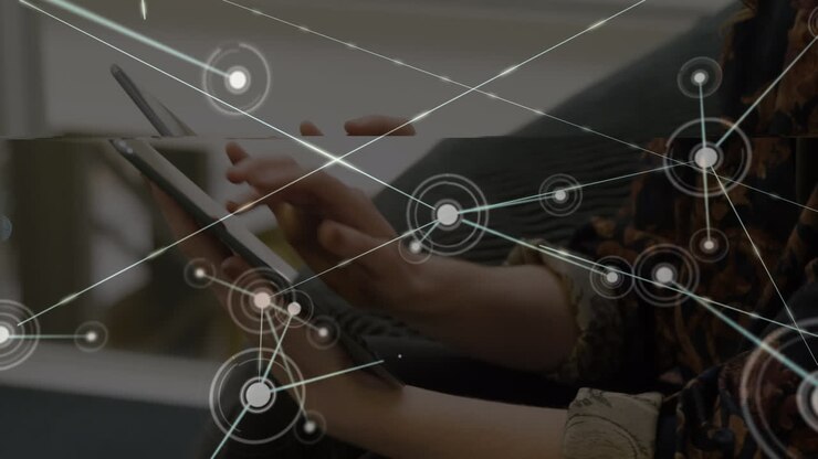 Animation of network of connections against mid section of a woman using digital tablet