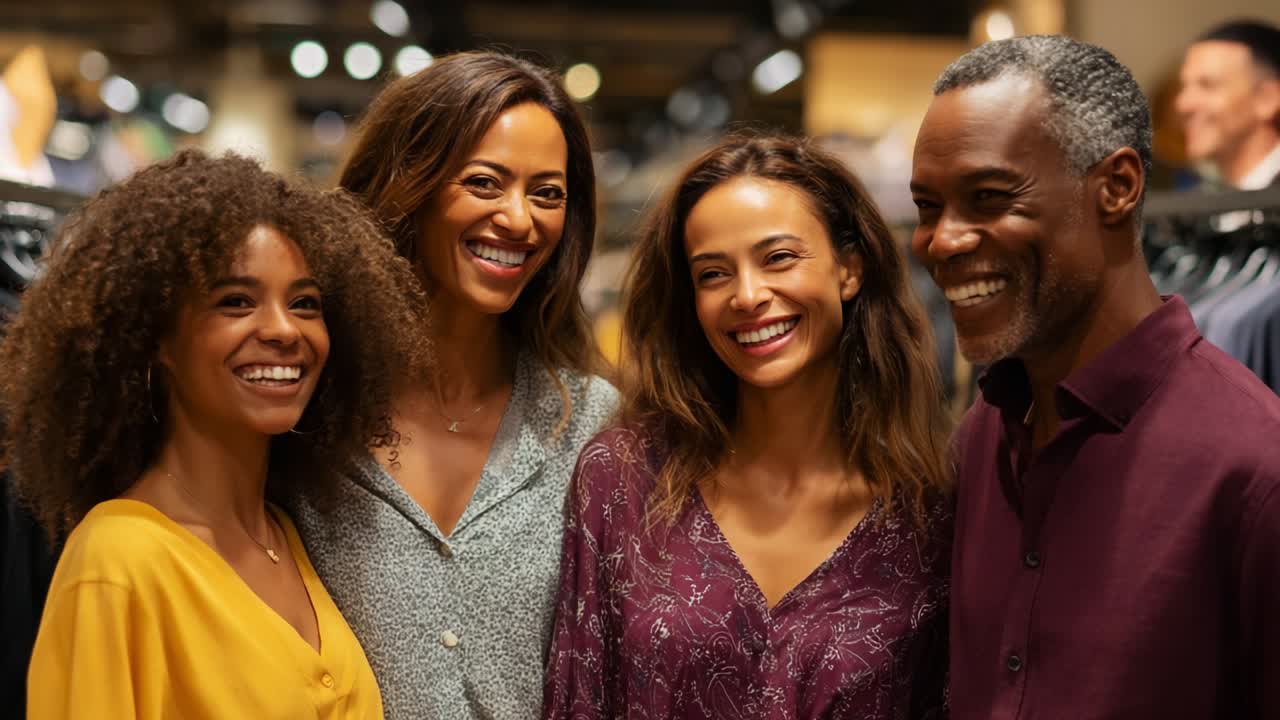 A Joyful Moment Captured: Four Friends Sharing Laughter and Happiness While Enjoying Each Other's Company in a Clothing Store, Creating Cherished Memories in a Warm Atmosphere