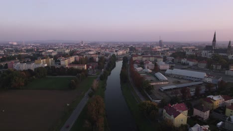 panorama of the city of olomouc with a view of the river and the historic part, in the evening at sunset at late