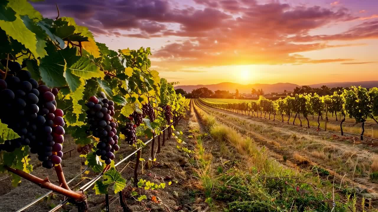 Vigneto vivace al tramonto con un'angolazione dal basso, che cattura l'uva matura e il cielo colorato