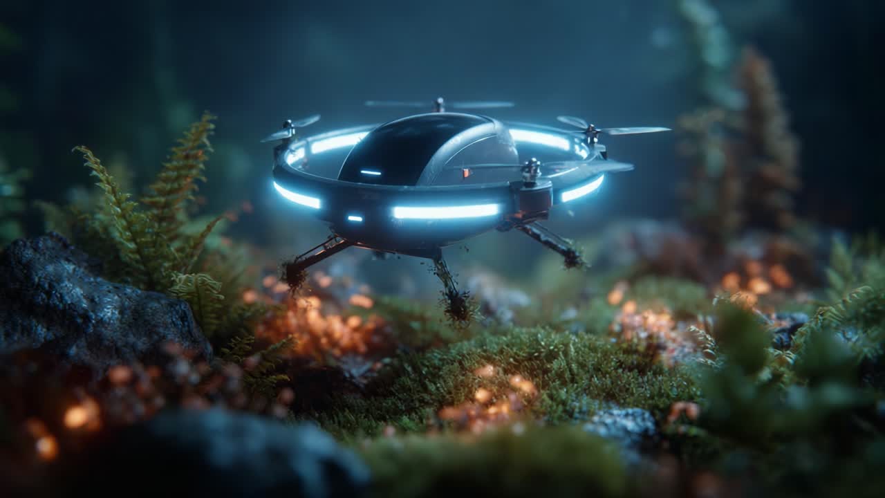 A Futuristic Drone Hovering in a Lush, Bioluminescent Forest, Showcasing Advanced Technology Amidst Vibrant Flora and Enigmatic Lighting Conditions