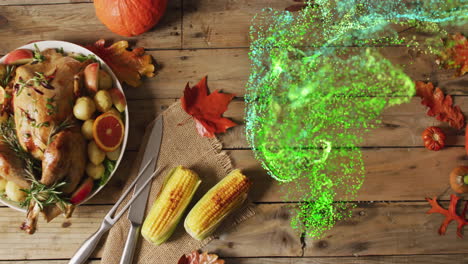 thanksgiving feast with corn and turkey, green particles animation over table