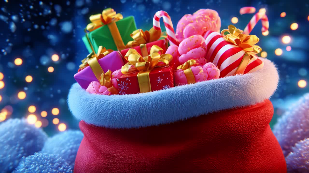 A festive scene showcasing a vibrant red Santa sack overflowing with colorful gift boxes, delicious candy canes, and sweet treats, all set against a magical snowy background with twinkling lights