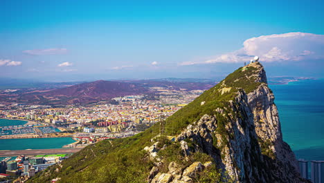 Cable-Car-Top-Station-point-of-the-mountain-overlooking-Gibraltar,-Spain---time-lapse