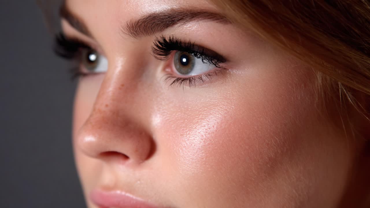 Close-Up Portrait of a Young Woman with Beautiful Hair and Flawless Skin, Showcasing Expressive Features and Natural Beauty in a Studio Setting