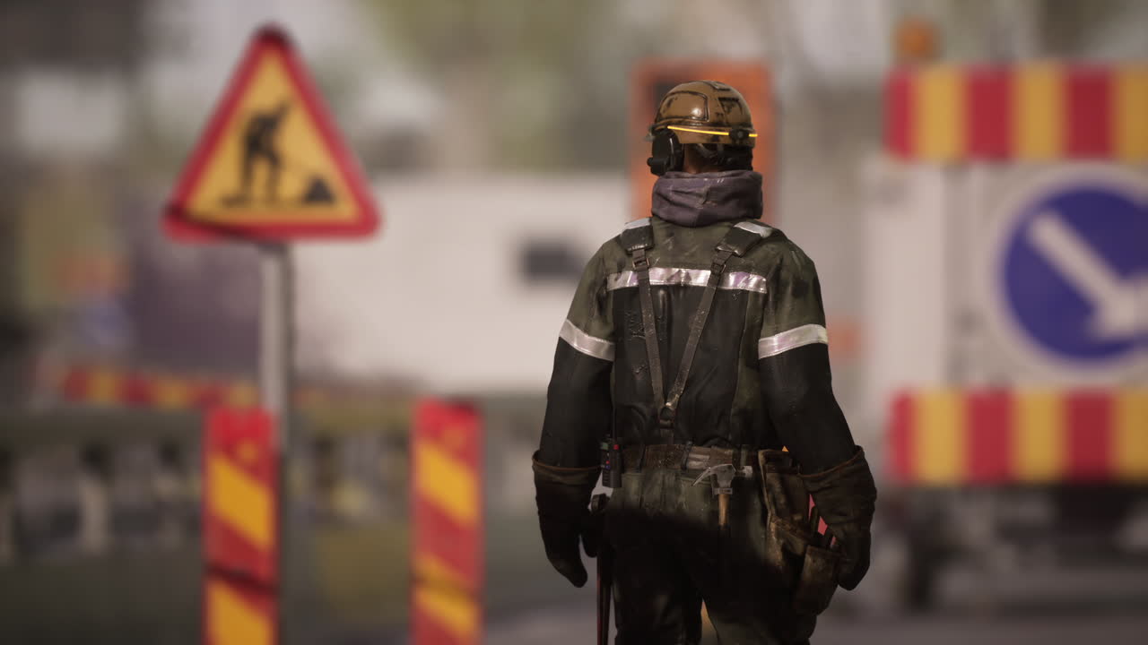 Worker monitors construction site safety signs during the day at a work zone