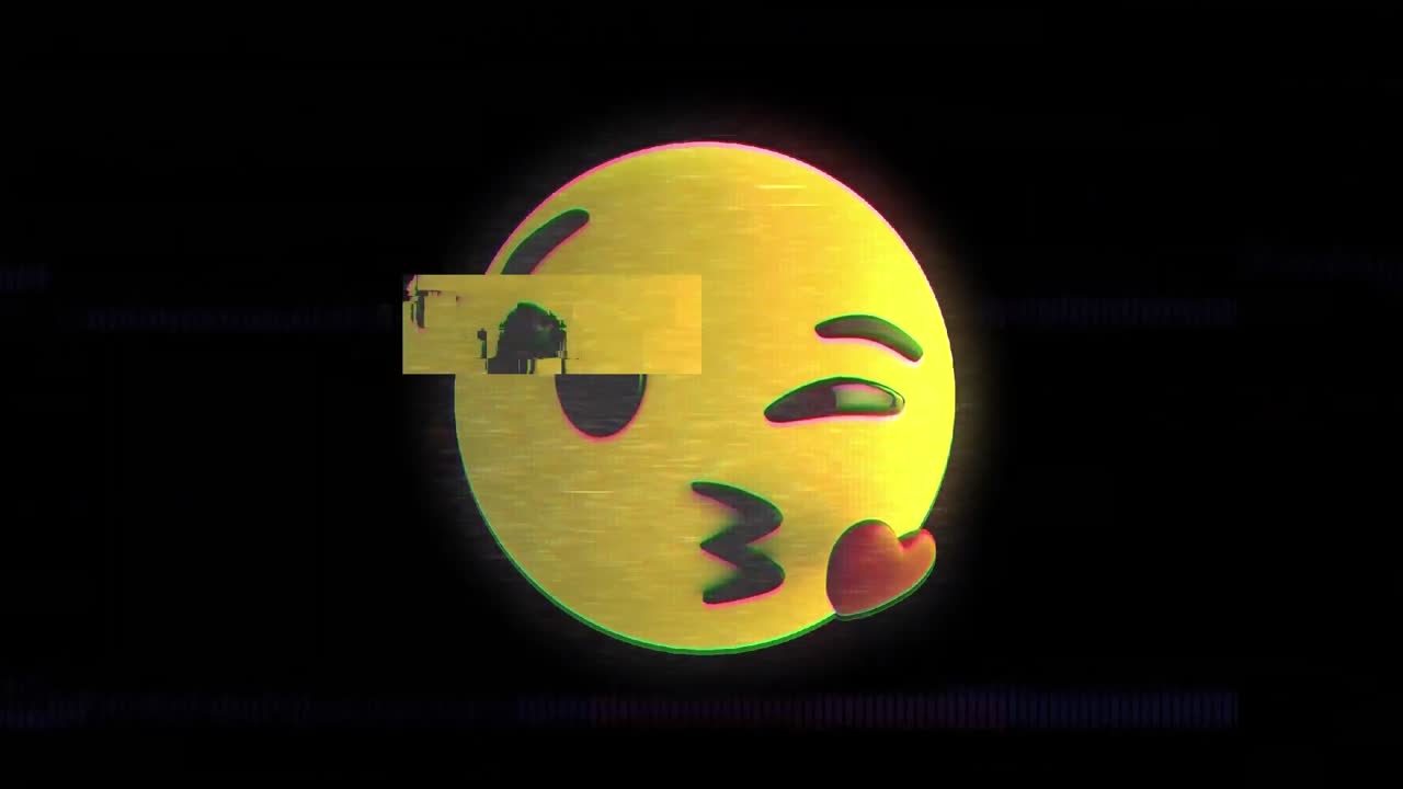 animación digital del efecto de falla sobre el beso volador cara emoji contra fondo negro