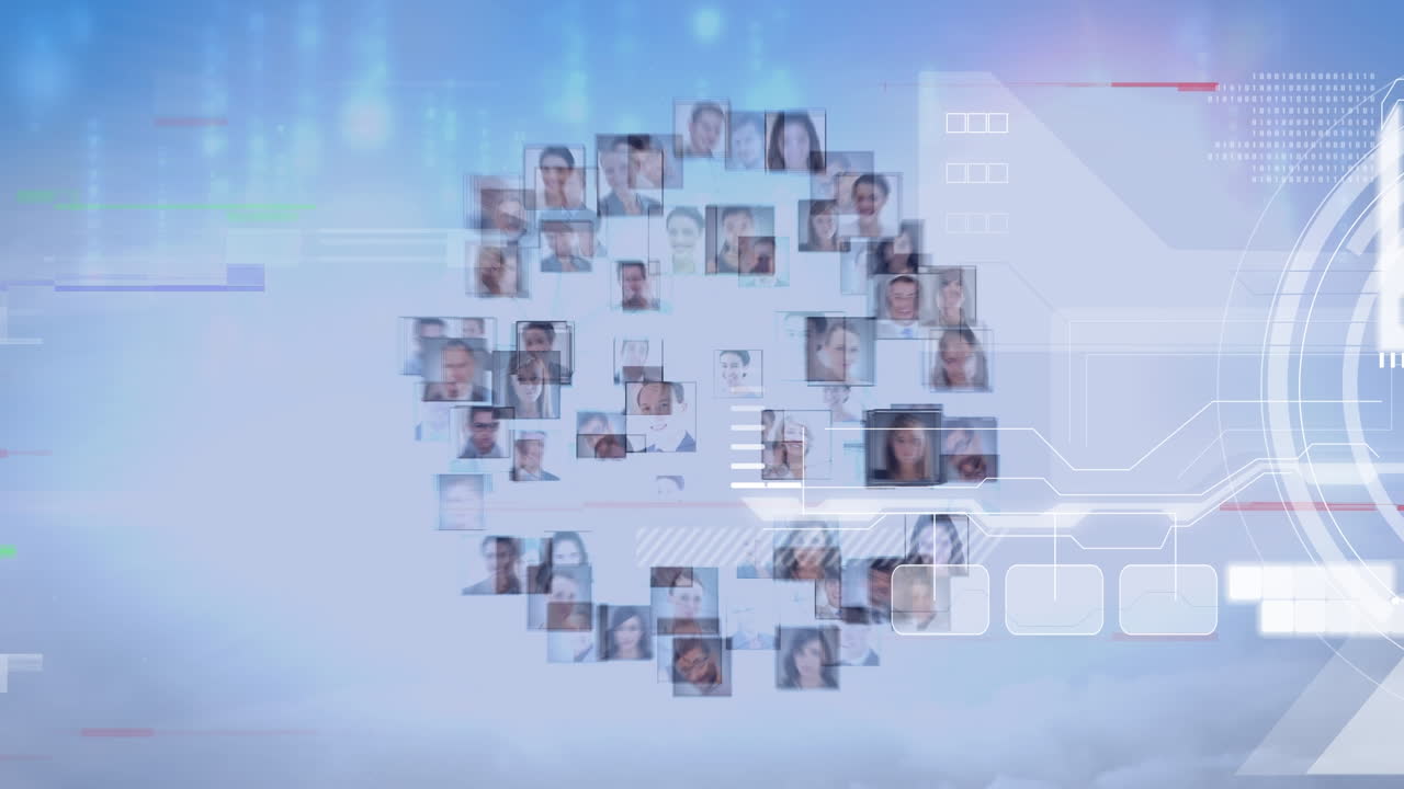 Animazione di glitch ed elaborazione dati su professionisti in uno spazio blu