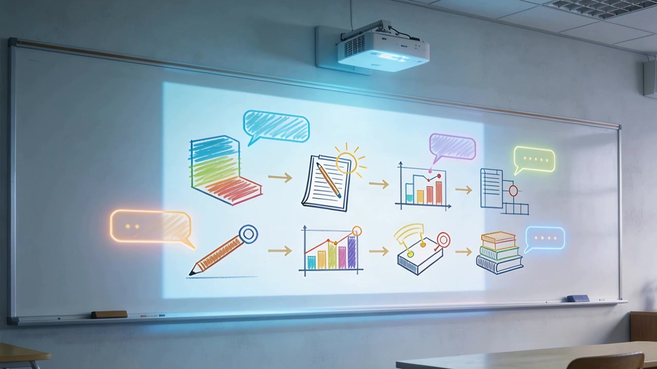 Projector turning on, projecting infographic with icons and callouts on classroom board for lecture