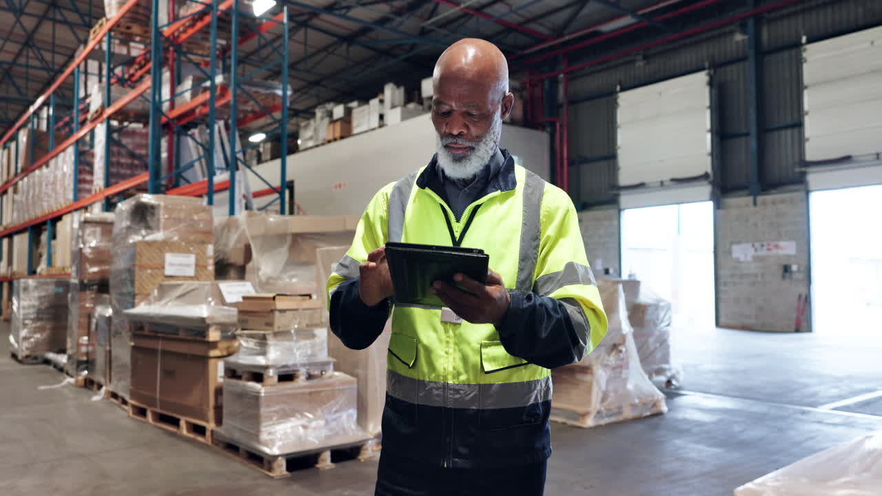 un hombre negro en un almacén está usando una tableta