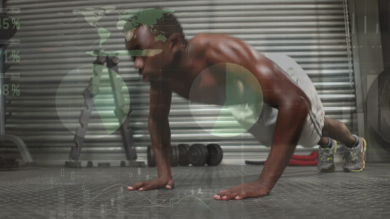animación de procesamiento de datos estadísticos sobre un hombre afroamericano en forma realizando flexiones en el gimnasio