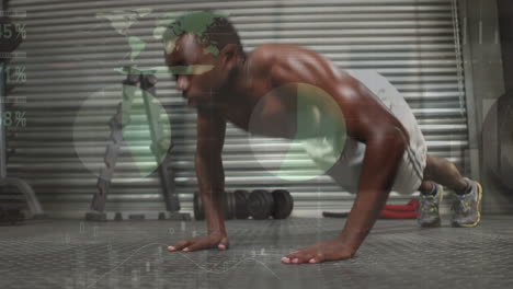 animation of statistical data processing over african american fit man performing push ups at gym