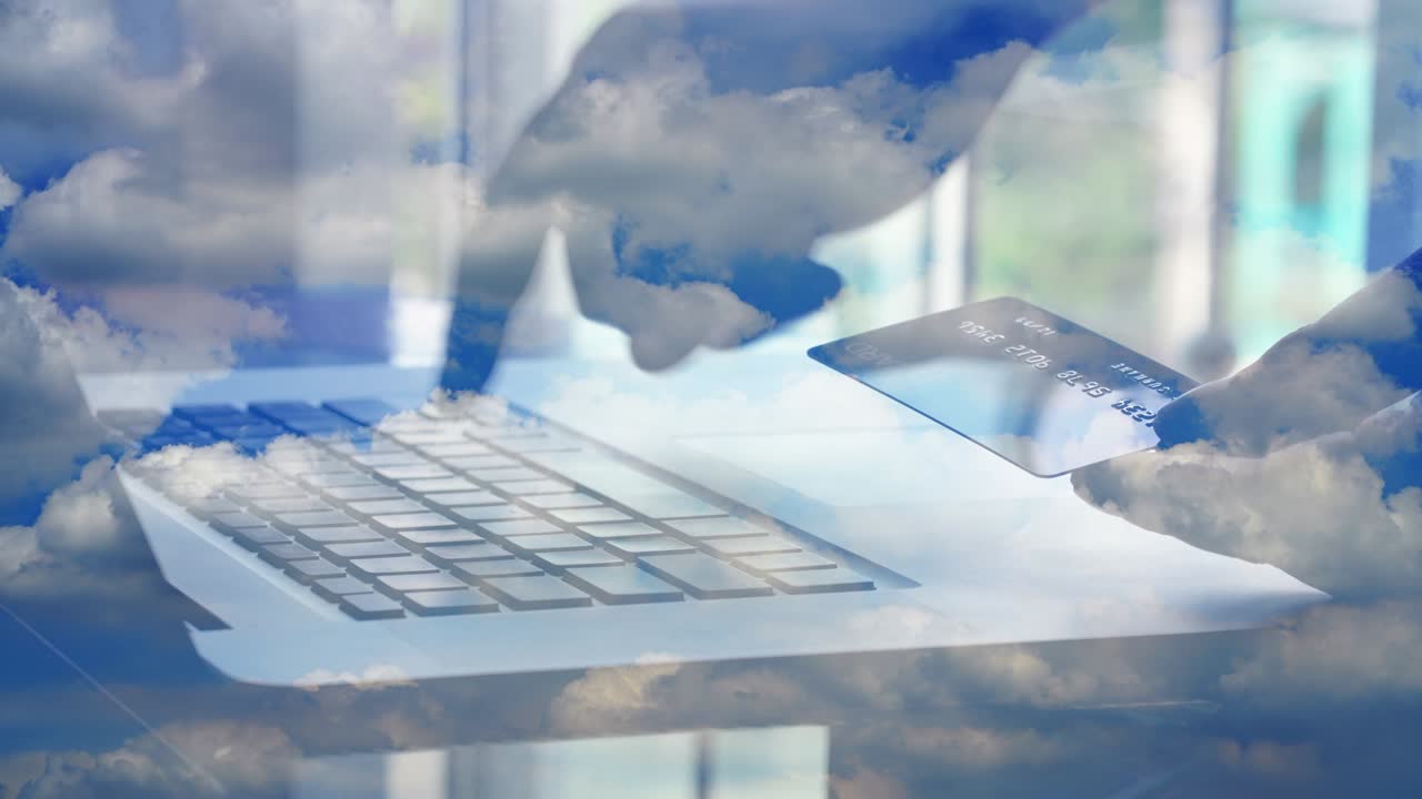 4k pago de compras en línea con tarjeta de crédito en la tienda en línea nube de doble exposición