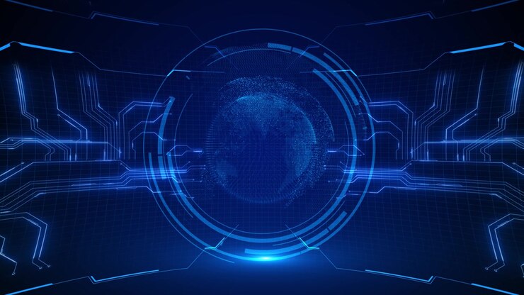 Interfaccia HUD globale blu, globo digitale, anelli tecnologici circolari, linee di circuito, profondità schermo futuristica