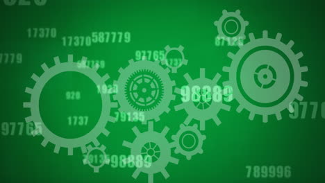 múltiples números cambiando contra los iconos de engranajes en fondo verde
