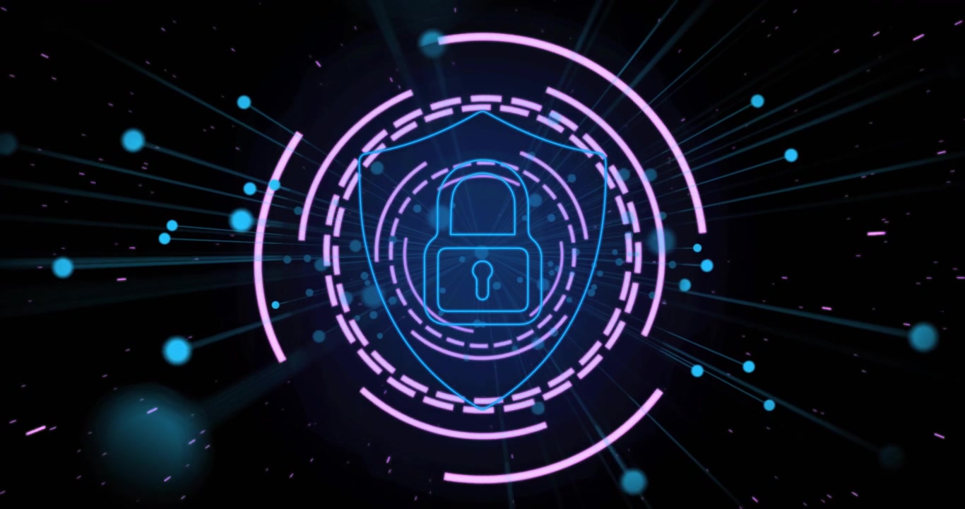 Magenta rings pulsing causing cyan dots swirling padlock closing shield forming to show security