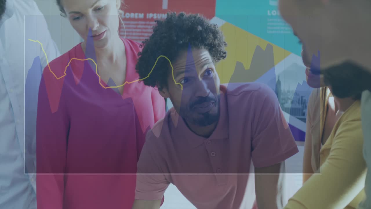 Animation of financial data processing over diverse business people in office