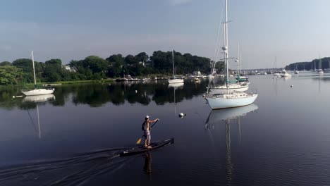 paddleboarder paddling away in a harbor.
