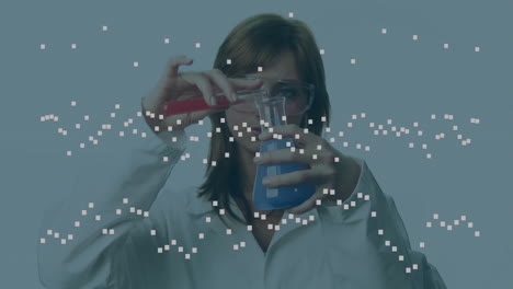científico mezclando productos químicos en el laboratorio con animación de procesamiento de datos sobre la escena