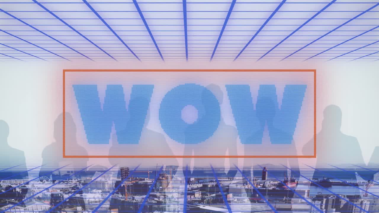 도시 풍경 위에 와우 텍스트의 애니메이션