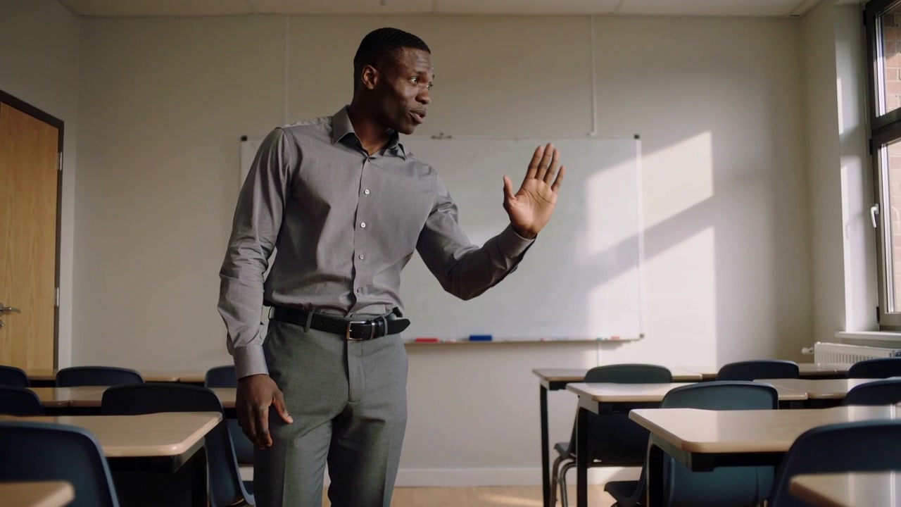 Noticing movement teacher in grey shirt turning and stepping, gesturing toward sunlit board
