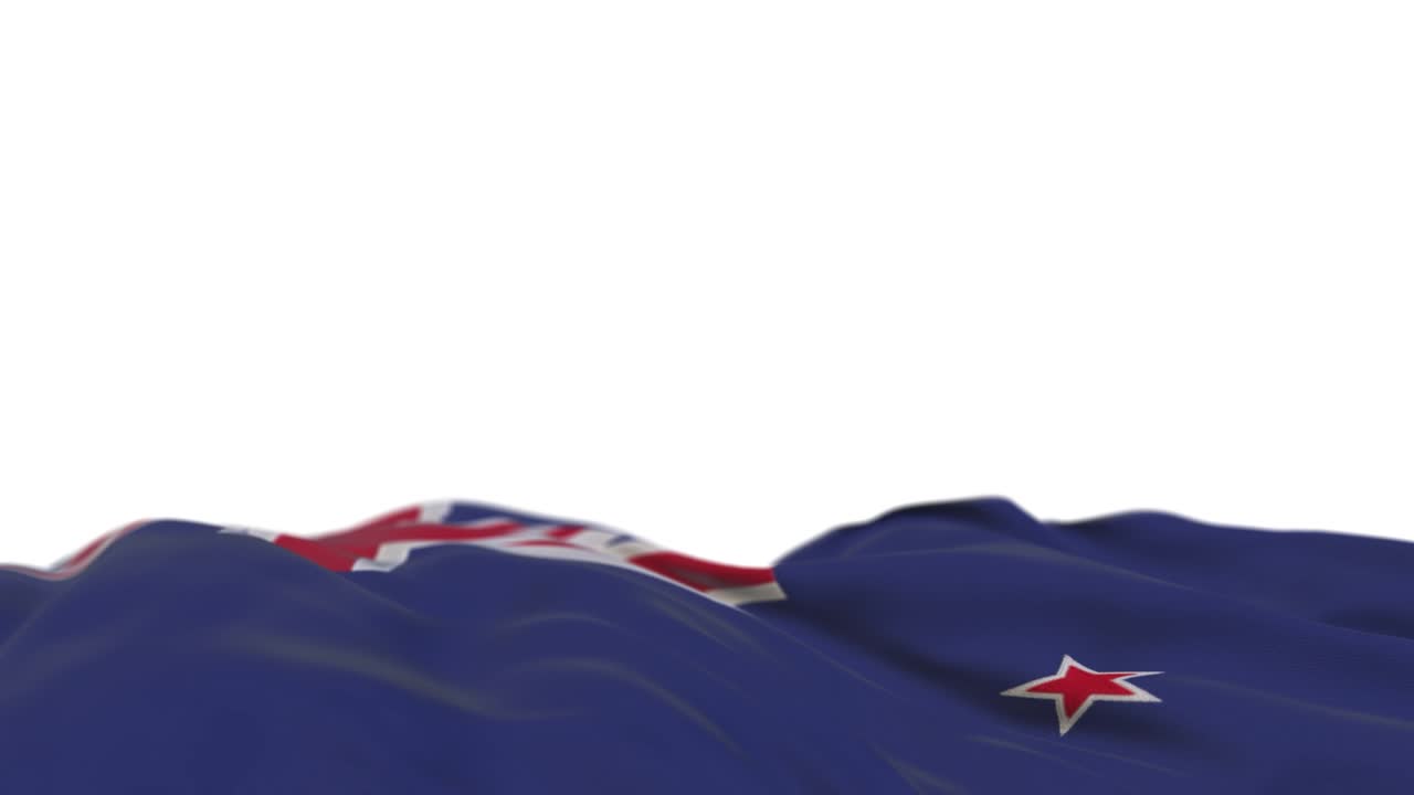 bandera de tela de nueva zelanda ondeando en el bucle del viento. estandarte de tela cosida de bordado de nueva zelanda balanceándose en la brisa. fondo blanco medio lleno. lugar para el texto. bucle de 20 segundos.