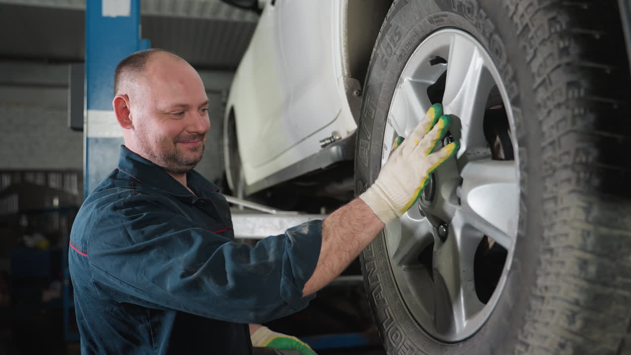 mecánico en uniforme azul con mano peluda y guantes blancos sonriendo mientras ajusta y alinea el neumático del coche en el taller de reparación de automóviles, asegurando el posicionamiento adecuado y la seguridad