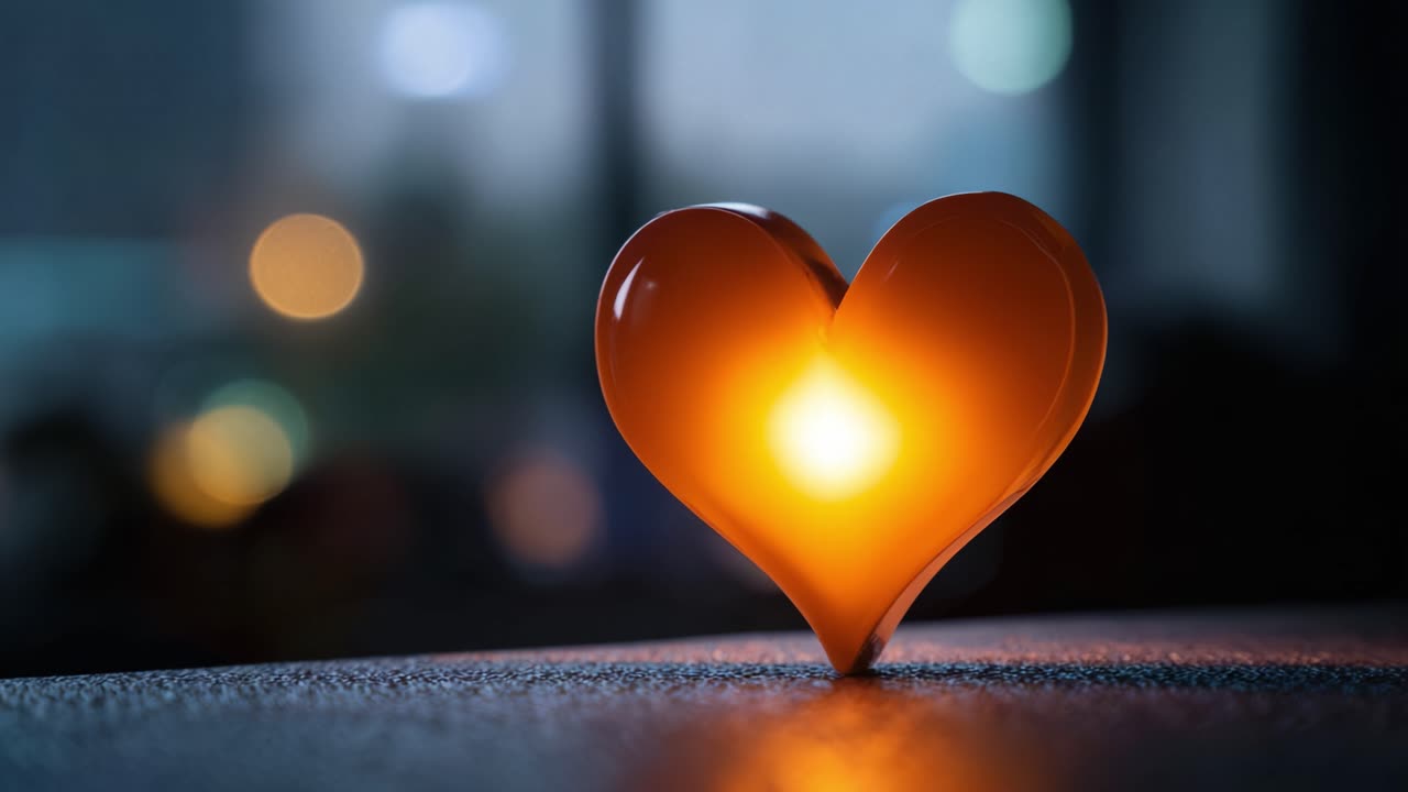 Cœur scintillant : une lueur orange captivante illumine une forme de cœur chatoyante sur un arrière-plan légèrement éclairé, parfait pour évoquer des émotions d’amour et de chaleur