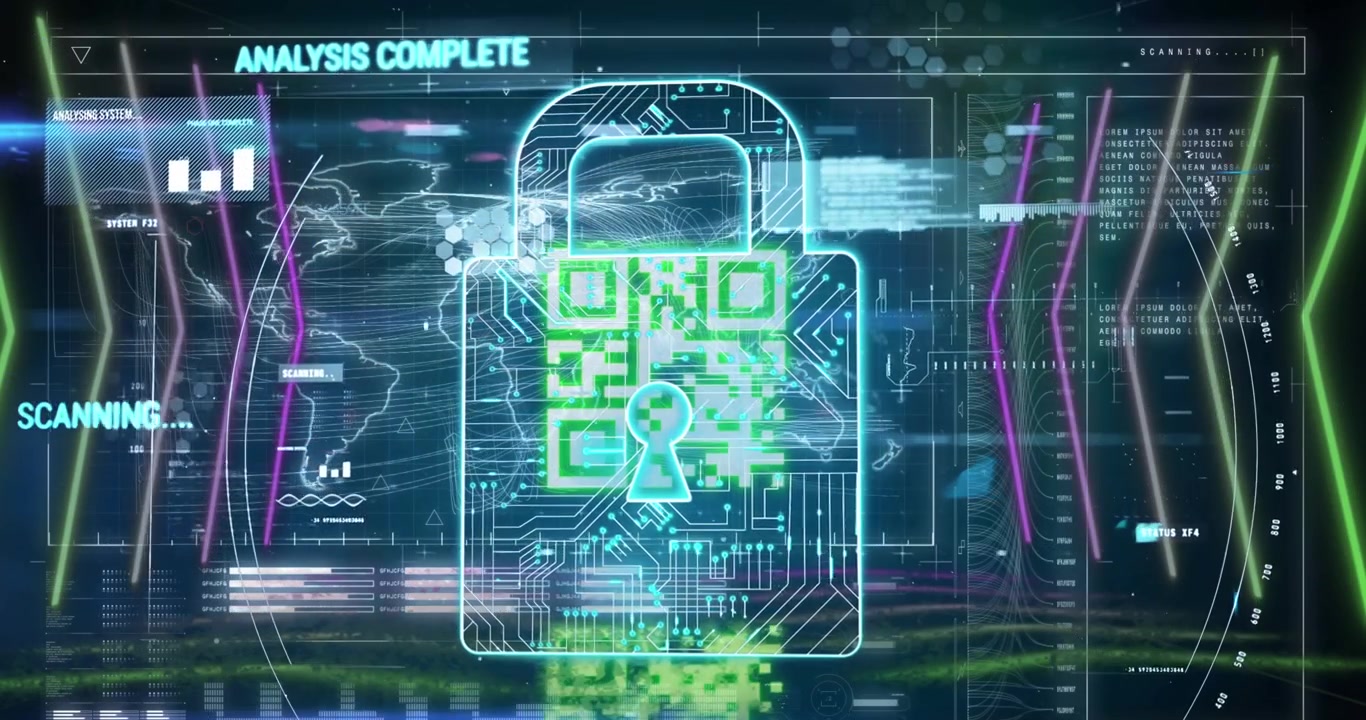Animation of security padlock icon and interface with data processing against blue background