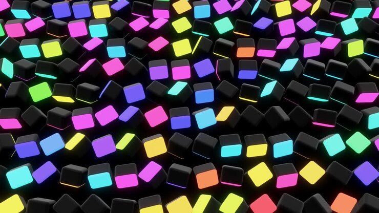 4r loop dark background with abstract blocks on plane like devices with screen lighting with multicolor neon light. Bg for festive show or holiday events, concerts, music videos, VJ for night clubs.
